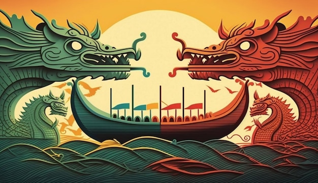 A dragon and a boat are shown in a graphic style.