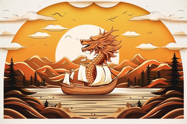 Dragon boat background in paper style