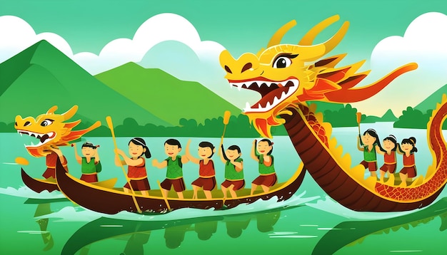 Foto dragon boat festival un cartone animato di un drago con bambini che remano una barca