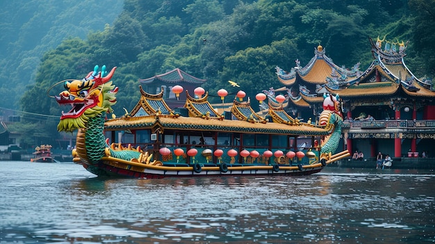 Сцена гонки на драконьих лодках на китайском языке