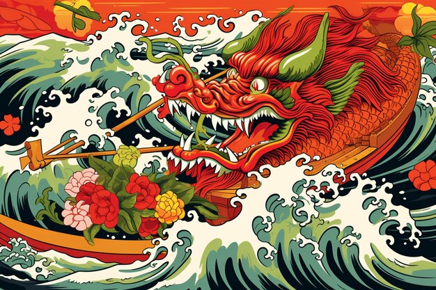 Фестиваль драконов на лодках дракон летает по реке с волнами и зонгзи на заднем плане