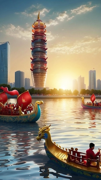Foto dragon boat festival guangzhou tower tijdens het festival