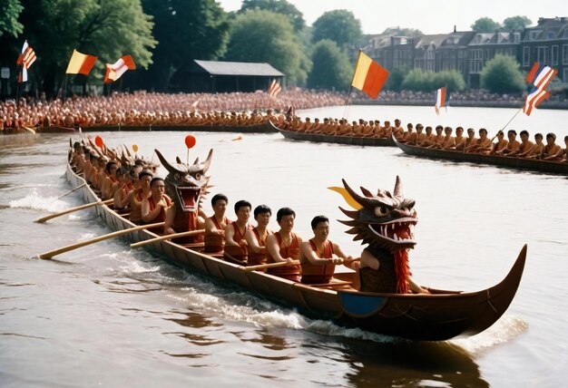 Photo dragon boat festival photo a dragon boat with a dragon head on it