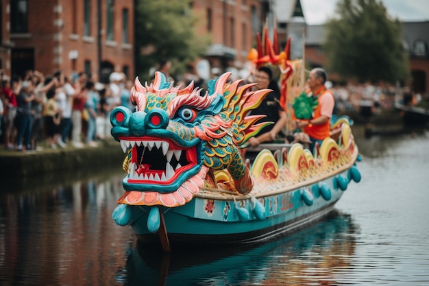 Photo a dragon boat surrounded