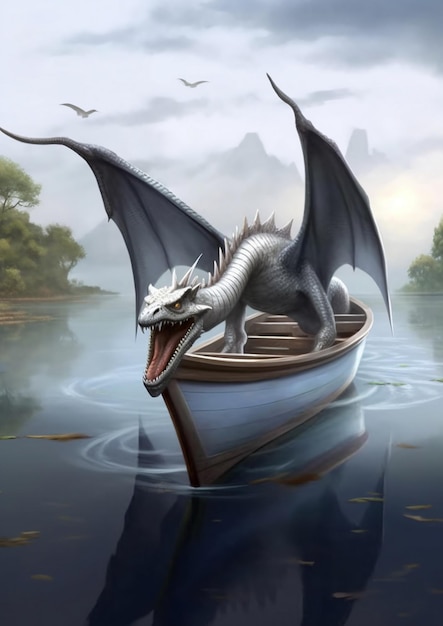 dragon on a boat with a boat in the water