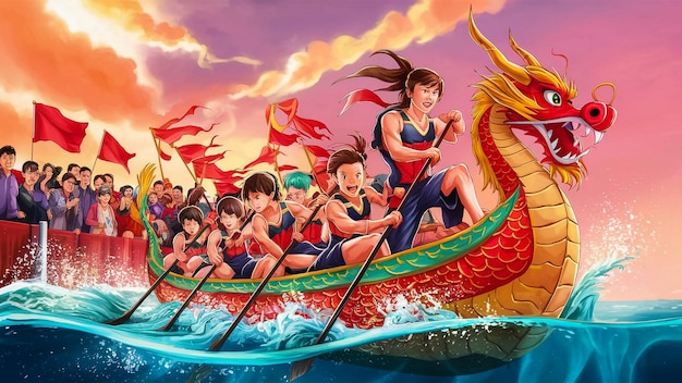 a dragon boat with a dragon on the front and a boat with people in the background