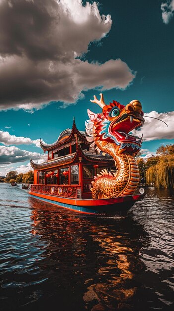 a dragon boat with a dragon on the front and a cloudy sky in the background