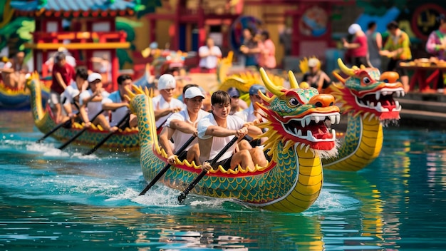 Photo dragon boat with dragon on the front and people in the background