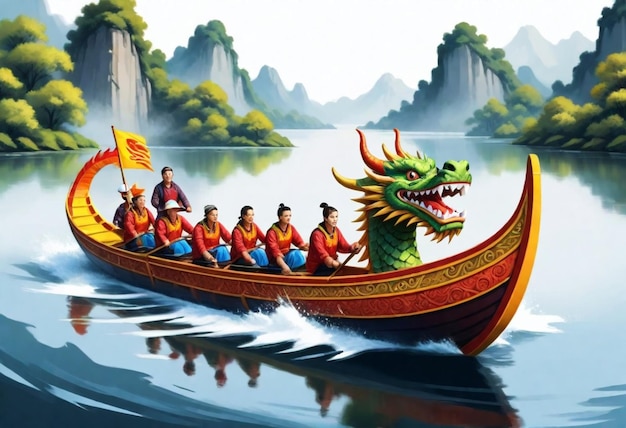 Photo a dragon boat with a dragon on the front and two people in the background