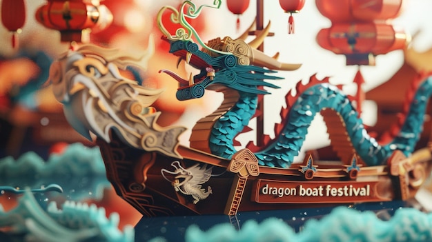 Photo a dragon boat with dragon on it has chinese letters on it