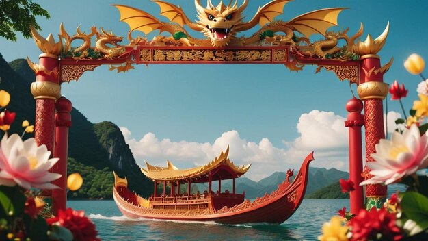 a dragon boat with a dragon on it is in the water