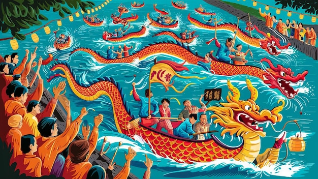 a dragon boat with a dragon on it is in a watercolor