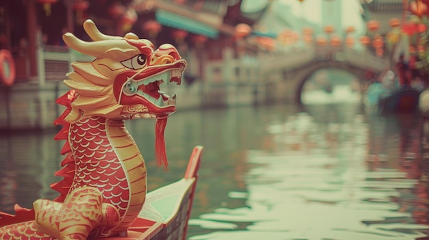 a dragon boat with a dragon on its head is in a chinese style