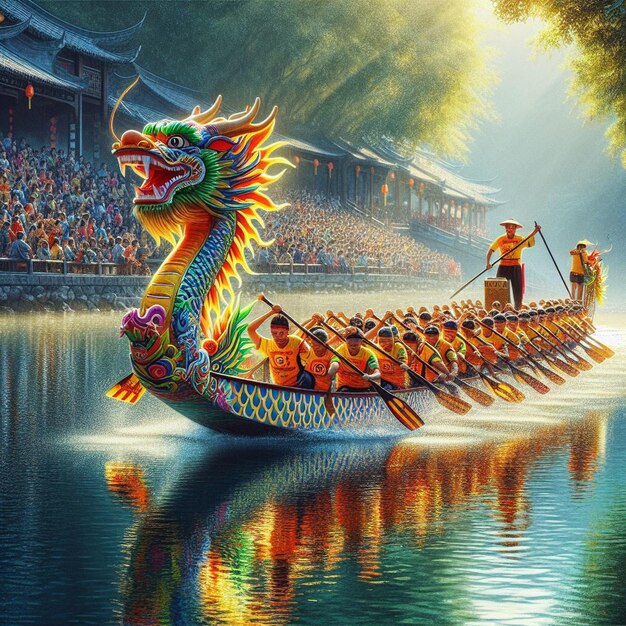 Photo a dragon boat with people on it and the dragon on the front