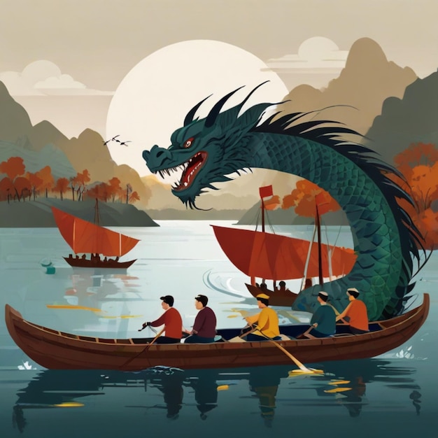 Photo a dragon boat with people rowing in it