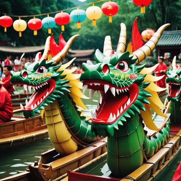 dragon boats with dragon heads on them with people in the background