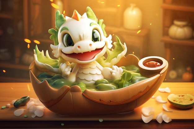 a dragon in a bowl of water with a frog on it