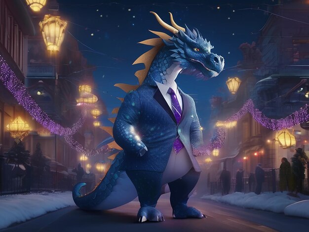 Photo dragon in business suit stands in middle of street decorated with lights of garlands for new year