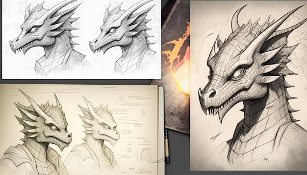 Dragon Cartoon Design Process Art Sketches Generative AI