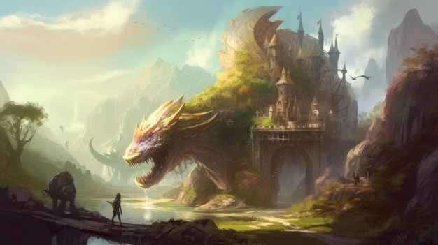 A dragon and a castle in the mountains