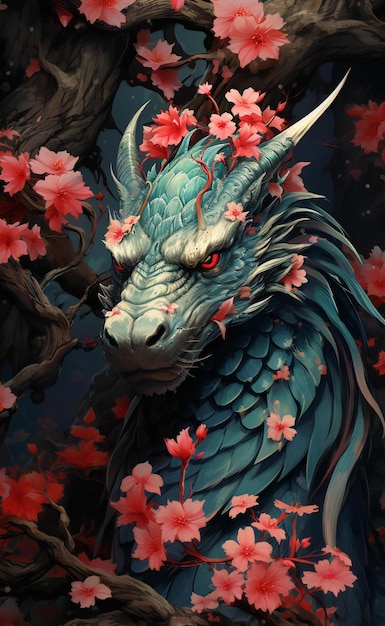 Dragon and cherry blossoms in the forest closeup of photo