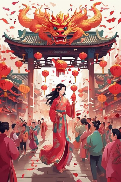 Photo dragon in chinese new year festival anime style