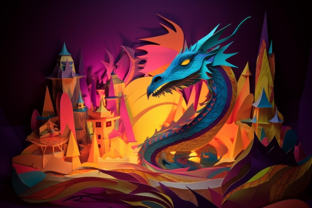 A dragon in a city with a castle in the background.