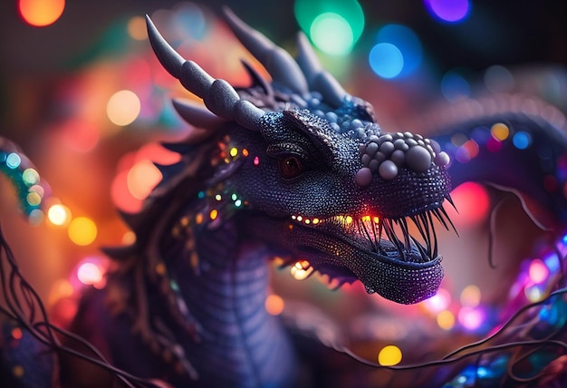 Dragon closeup against the background of lights garlands luminous balls and decorations during Xmas