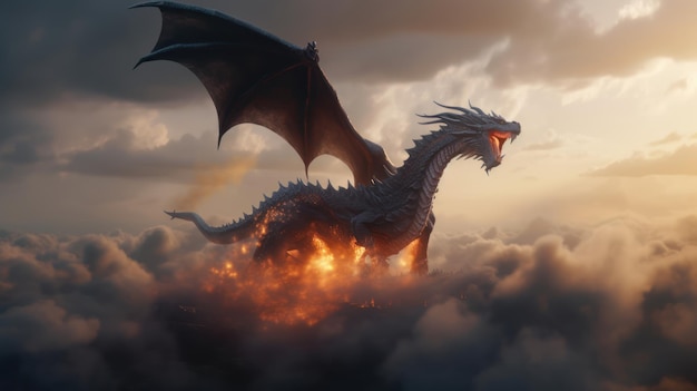 A dragon in the clouds with flames on it