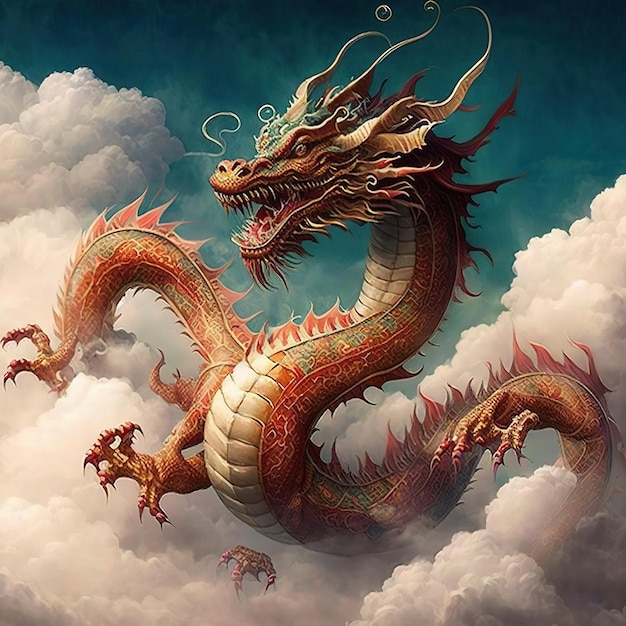A dragon in the clouds with the word dragon on it