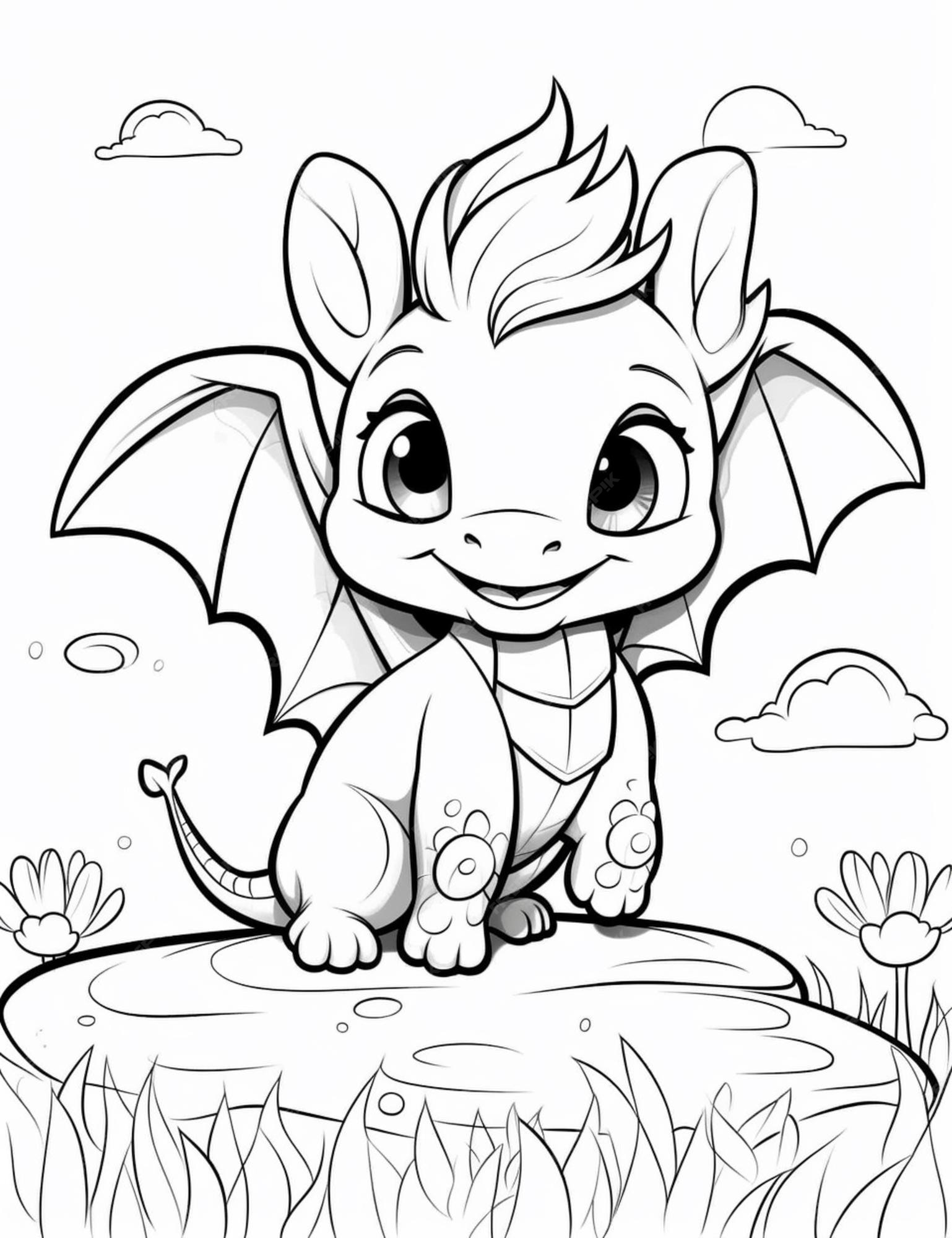 Premium Photo | Dragon coloring page for kids. a dragon is sitting on a