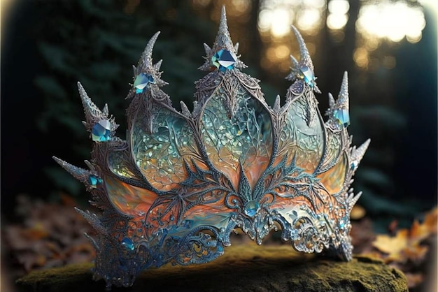 A dragon crown is displayed in the woods.