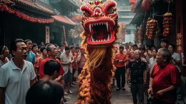 A dragon dance in a street with people in the background