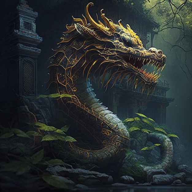 A dragon in the dark with a temple in the background