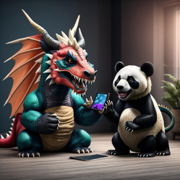 A dragon doing a videocall with a panda