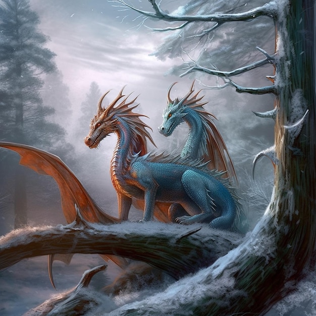 A dragon and a dragon in a snowy forest