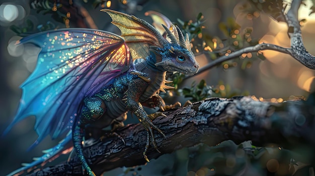 Photo dragon fairy sitting on a tree branch