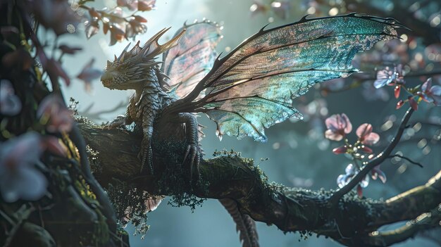 Foto dragon fairy zit op een tak van een boom