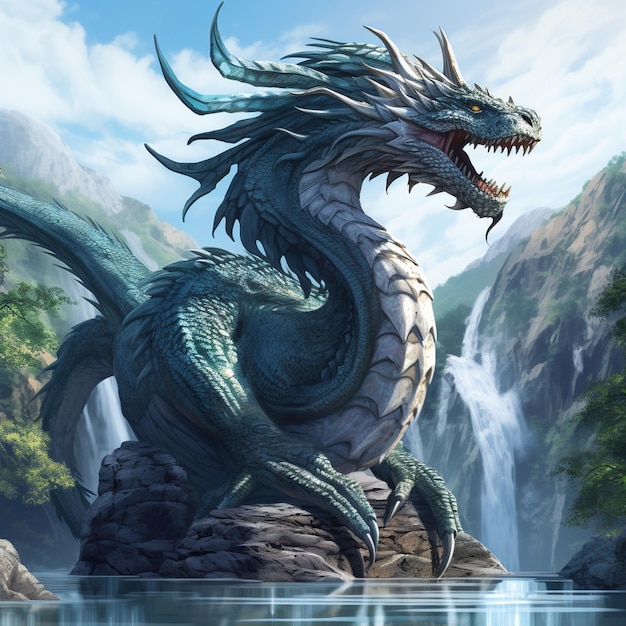 Дракон - фантастическое животное Фейдрагон, сидящий на скале посреди озера с водопадом