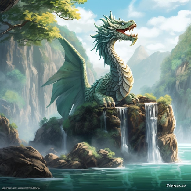 Dragon fantasy animal A feydragon sitting upon a rock in the middle of a lake with a waterfall