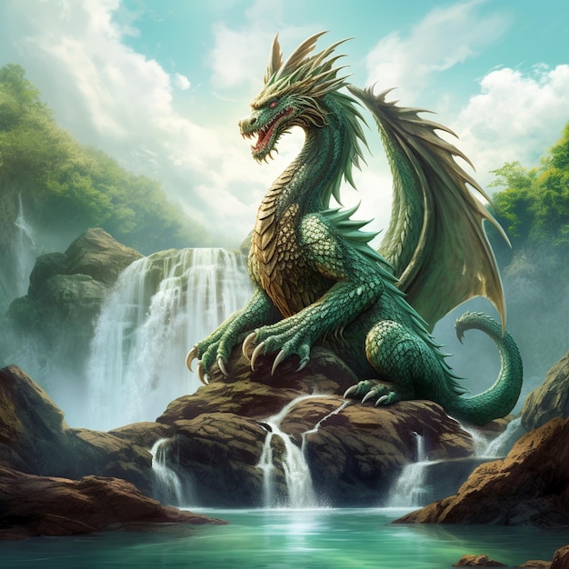 Dragon fantasy animal A feydragon sitting upon a rock in the middle of a lake with a waterfall