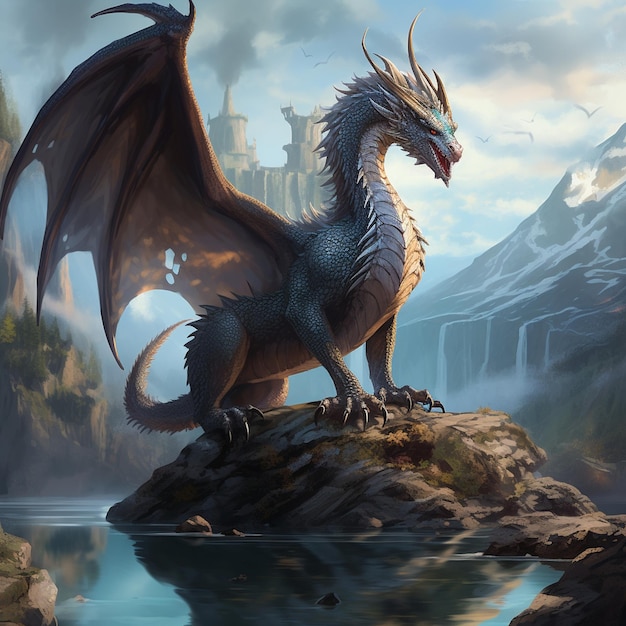 Dragon fantasy animal A feydragon sitting upon a rock in the middle of a lake with a waterfall