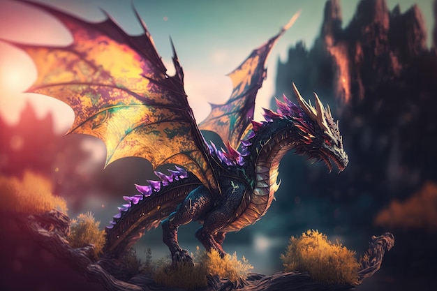 Foto illustrazione di animali fantastici del drago arte di creature mitologia illustrazione di sfondo ia generativa