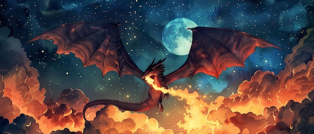 Dragon fiery breath ancient beast soaring through a starlit sky surrounded