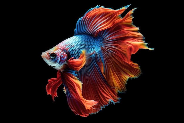 A dragon fighting fish Betta splendens on black background Multi color Siamese fighting fish Generative AI