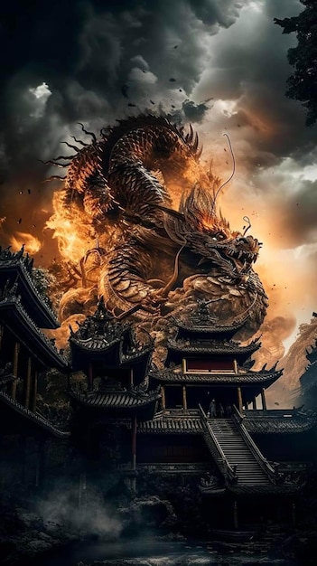 A dragon on fire with a burning building in the background