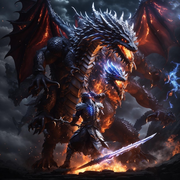 дракон в огне на темном фоне