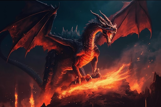 A dragon on fire with flames on the top