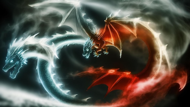 ドラゴンと火の球が空を飛んでいます