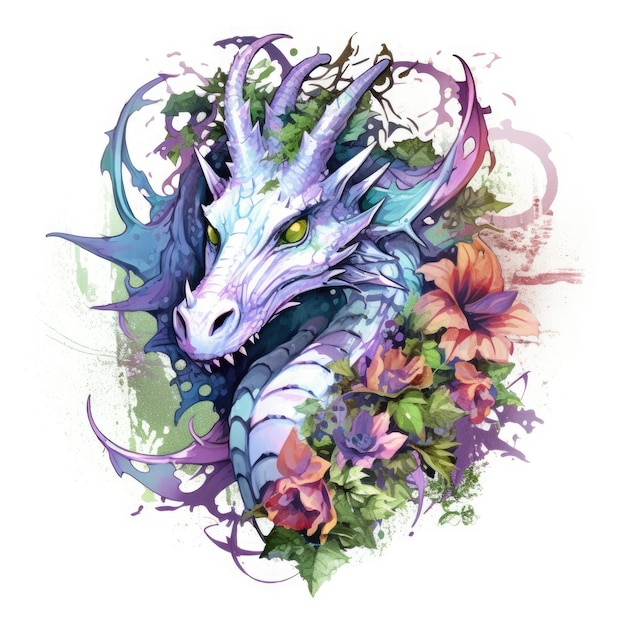 dragon flowers watercolor design tattoo clipart aquarelle magic mystery pastel gentle isolated